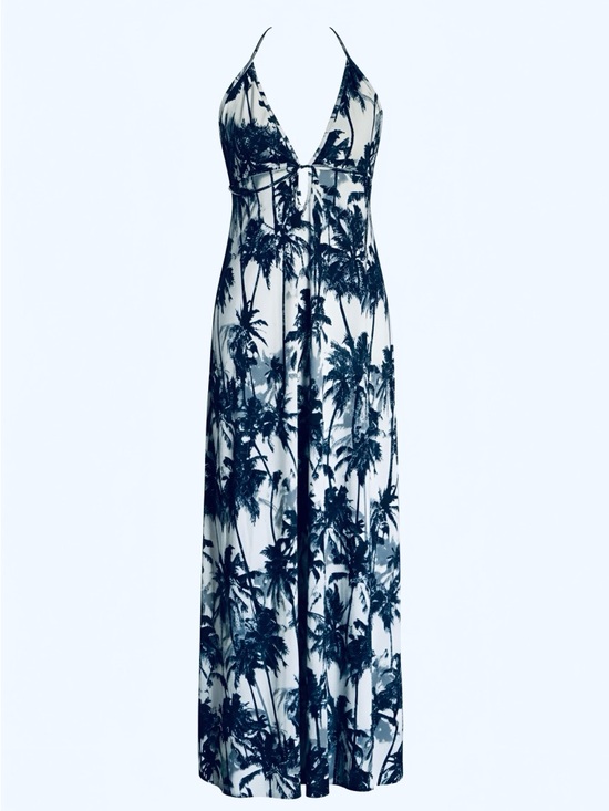Elan Dresses & Skirts - Elan Women’s Navy & White Palm-Print Halter Maxi Dress - Small, New